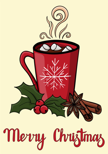 圣诞快乐明信片配红杯棉花糖热饮。大气的冬季热饮豆蔻，冬青浆果和八角。冬天的贺卡图片下载