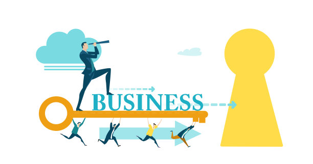 商业模式商人们拿着金钥匙，用望远镜展望积极的未来。财务咨询，支持，发展新业务。图片下载