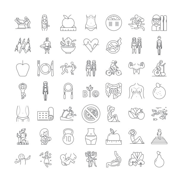 饮食线性图标，标志，符号向量线插图设置图片下载