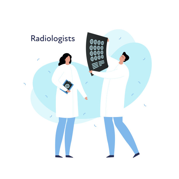 向量现代平面医生行业人说明。穿着大衣的放射科医生与扫描图像讨论。孟菲斯流体形状孤立在白色背景。放射科设计元素图片下载