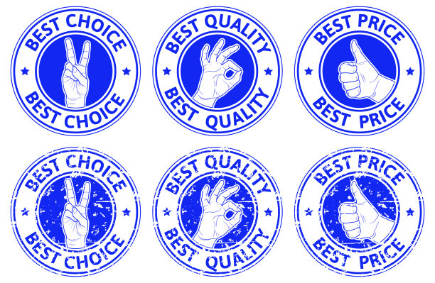 一套带有手势的蓝色徽章:我们赢了，好的，竖起大拇指。矢量插图。图片下载