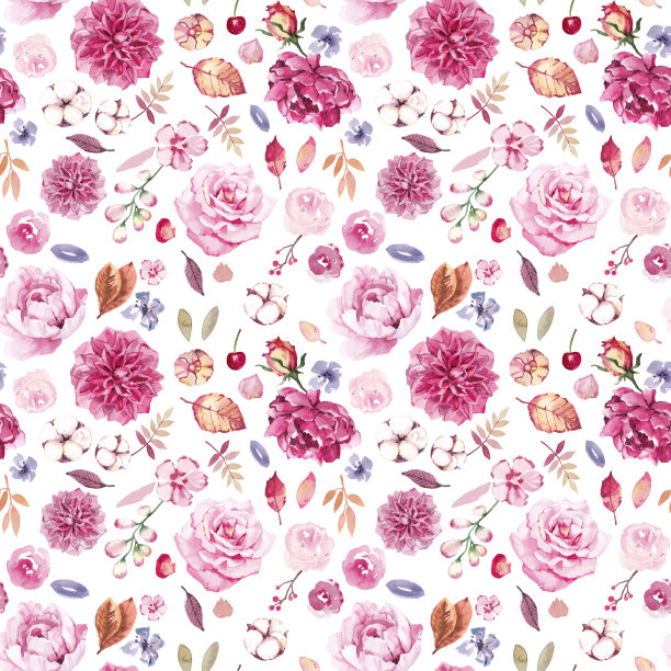 水彩手绘温和的植物花卉无缝图案与叶片，玫瑰，牡丹和棉花花图片下载