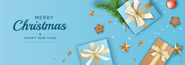 圣诞快乐和新年贺卡横幅模板与蓝色礼品盒和金星背景。使用头部网站，封面，传单。图片下载