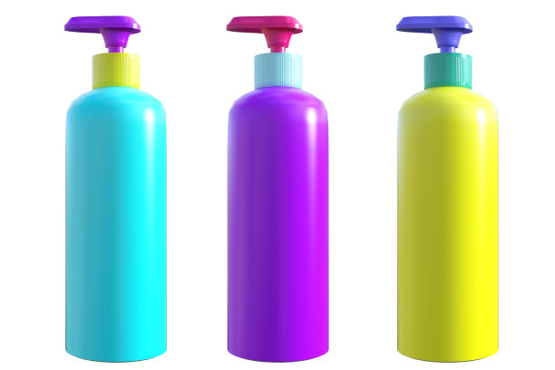 一套明亮的颜色泵瓶孤立在白色，3d渲染。图片下载