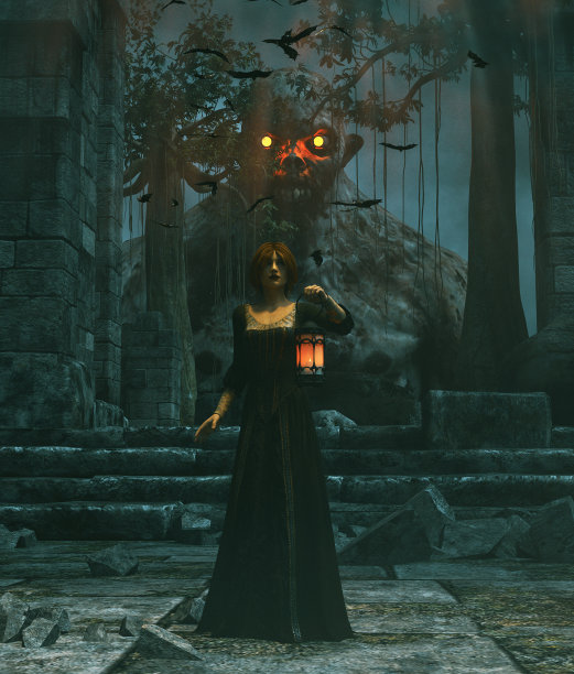 中世纪公主与灯笼在夜晚被亡灵困扰，3d渲染图片下载