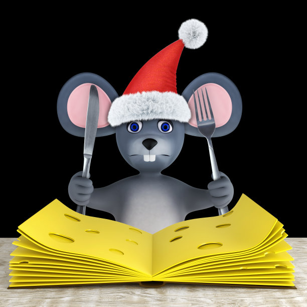 可爱的老鼠和奶酪片折叠起来像一本书放在白色木桌上孤立在黑色。三维渲染图片下载