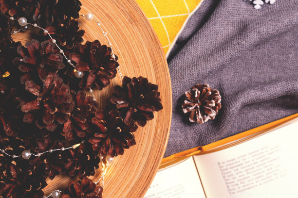 圣诞温暖的平铺着圆锥，格子图案。图片下载