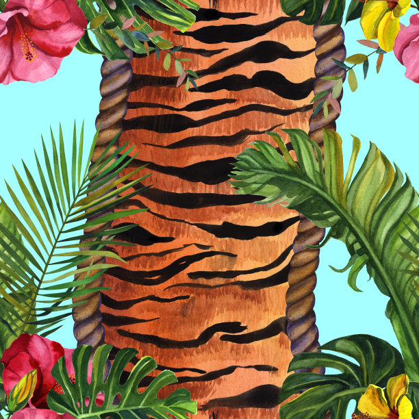 水彩热带野生动物无缝图案。手绘装饰背景。印刷纺织品，布料，墙纸，剪贴簿图片下载