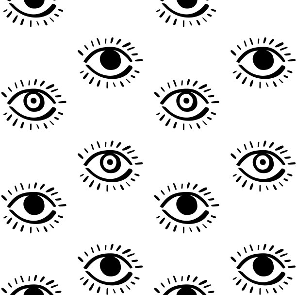 眼睛。流行艺术黑白，单色无缝图案。睁开，闭上人类的眼睛，程式化的简单线性向量。时尚手绘涂鸦风格。很酷的图标，大胆的时尚装饰，艺术化的包装纸墙纸图片下载