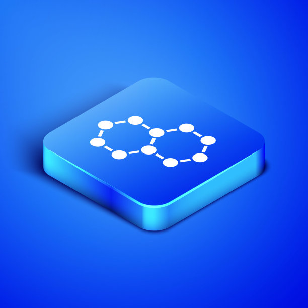 等距分子图标孤立在蓝色背景。化学分子结构，科学教师创新教育海报。蓝色方块按钮。矢量图图片下载