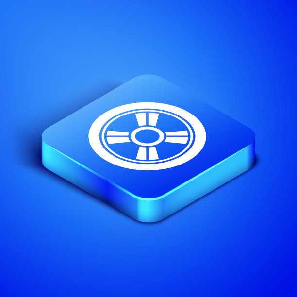 等距车轮图标隔离在蓝色背景。蓝色方块按钮。矢量图图片下载