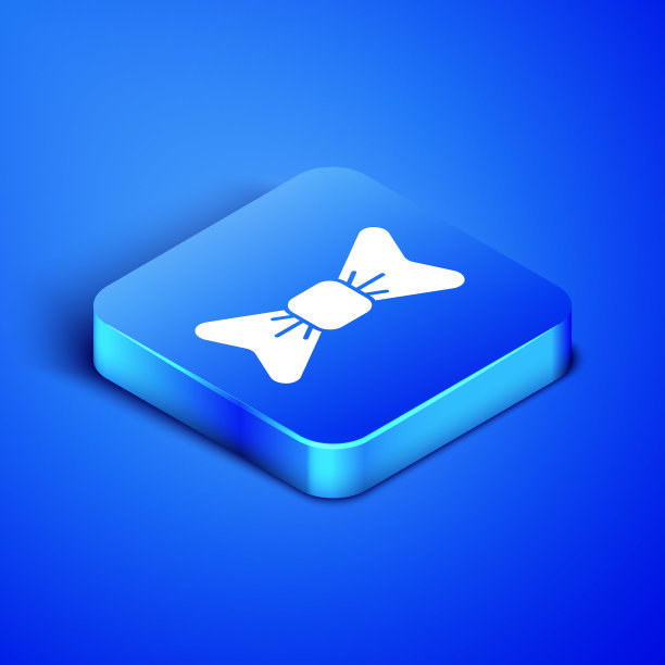 等距蝴蝶结图标孤立在蓝色背景。蓝色方块按钮。矢量图图片下载