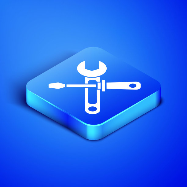 等距螺丝刀和扳手工具图标隔离在蓝色背景。服务工具的象征。蓝色方块按钮。矢量图图片下载