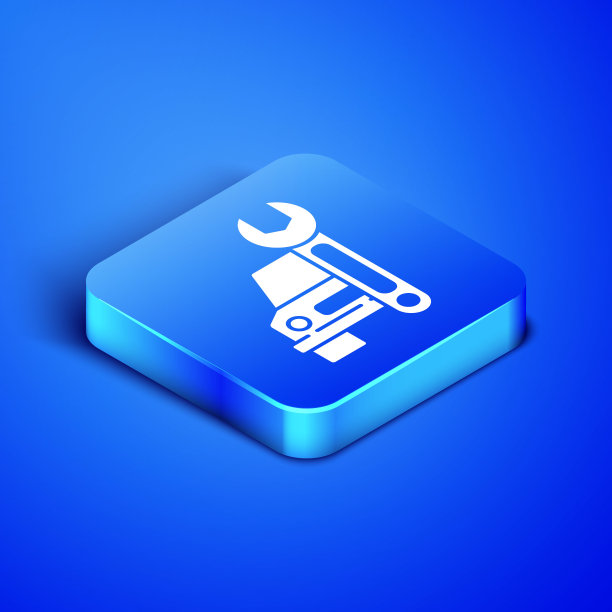 等距汽车服务图标隔离在蓝色背景。汽车修理工服务。修理服务，汽车修理工。维修的迹象。蓝色方块按钮。矢量图图片下载