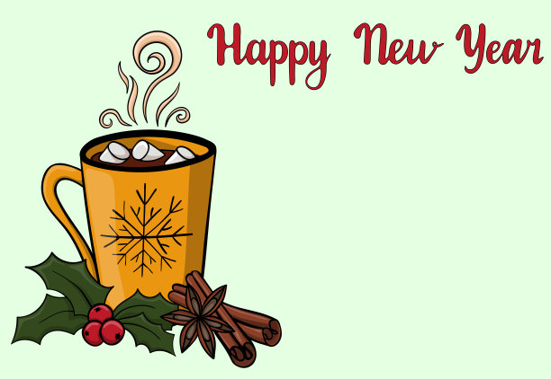 新年横幅与复制空间。背景:黄色的棉花糖热饮。大气的冬季热饮与冬青浆果，肉桂，八角。图片下载