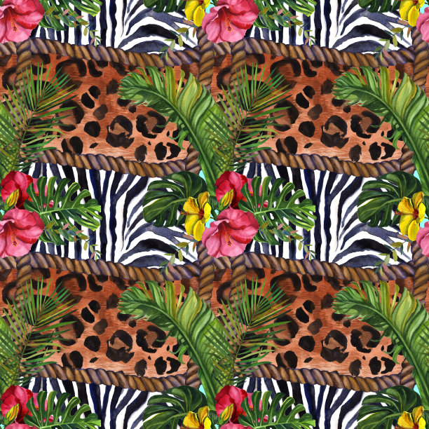 水彩热带野生动物无缝图案。手绘装饰背景。印刷纺织品，布料，墙纸，剪贴簿图片下载