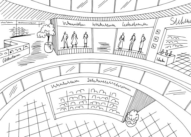 购物中心图形黑白室内草图插图矢量图片下载