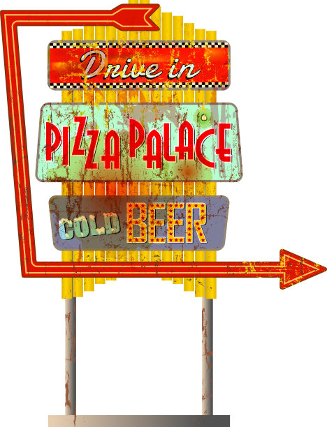 美国披萨和快餐店高速公路标志，邋遢和复古风格，矢量插图图片下载