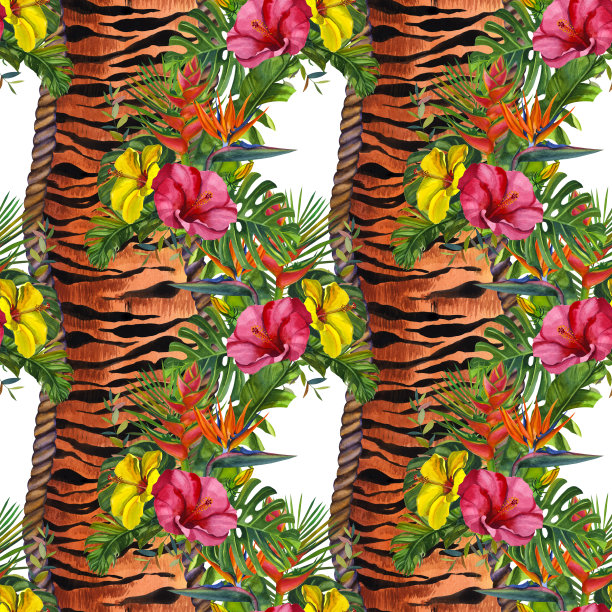 水彩热带野生动物无缝图案。手绘装饰背景。印刷纺织品，布料，墙纸，剪贴簿图片下载