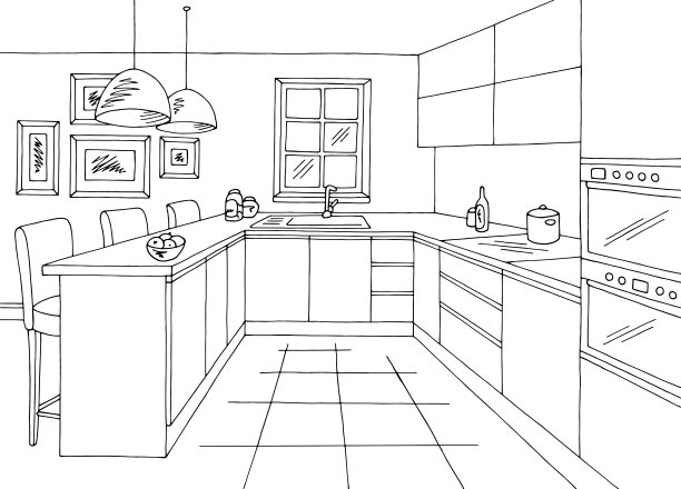 厨房房间图形黑白色家庭室内素描插图矢量图片下载