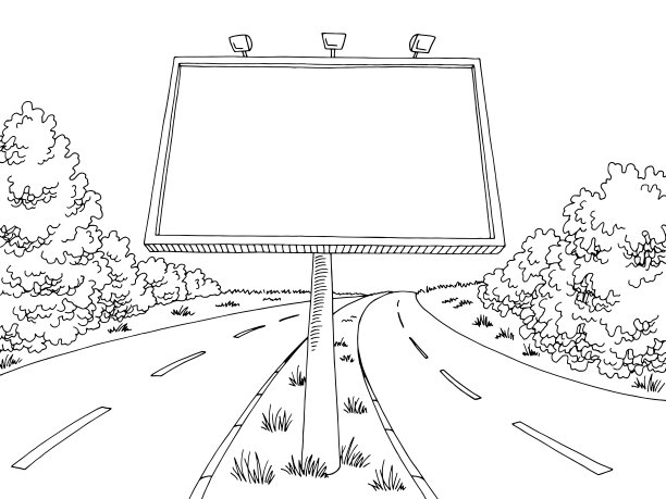 道路广告牌图形黑白景观素描插图矢量图片下载