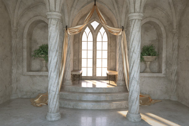 优雅的阳台，金色窗帘和拱形窗户，3d渲染。图片下载