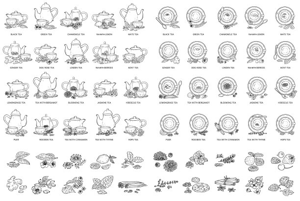 黑白茶类型绘制集矢量插图图片下载