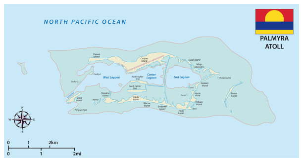 帕尔米拉环礁的地图，美国的一个无组织的领土，有国旗图片下载