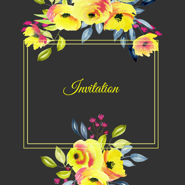 卡片模板，花边界与黄色玫瑰和树枝，水彩插图，手绘在黑色的背景图片下载