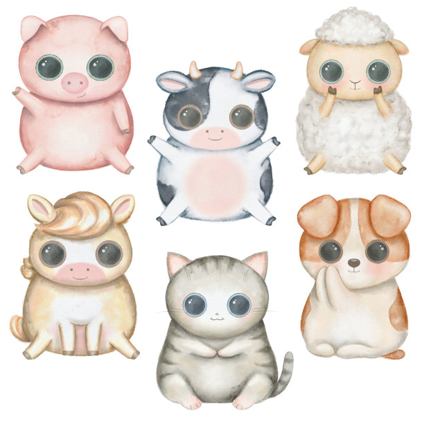 水彩画集卡哇伊卡通可爱的猪，羊，小猫，小狗，小马和奶牛图片下载