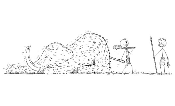史前人类或穴居人拖死猛犸象的矢量卡通插图，与捕猎老鼠的竞争者是震惊的。成功与竞争的概念。图片下载