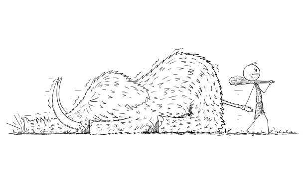 矢量卡通插图的史前人或穴居人拉死狩猎猛犸象。成功、奖励和利润的概念图片下载