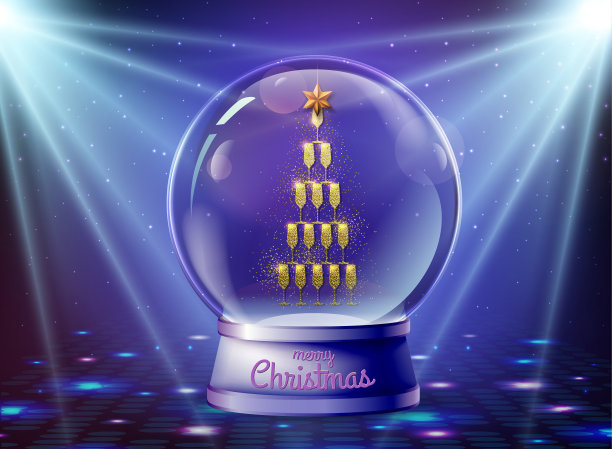 真实的矢量插图的雪花与金字塔的香槟金色的玻璃里面。模糊的节日背景图片下载