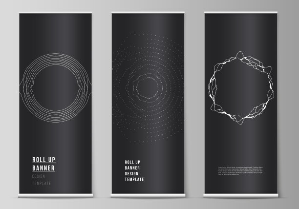 矢量插图布局的滚动旗帜站，垂直传单，旗帜设计业务模板。时尚的现代科技背景与动态粒子。网络空间网格。图片下载
