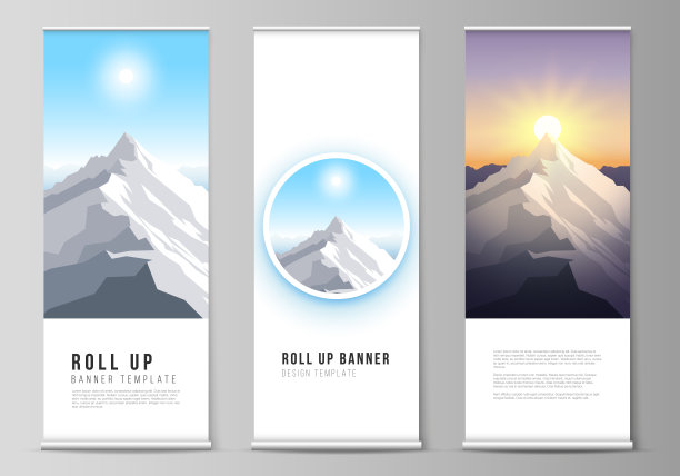 矢量插图布局的滚动旗帜站，垂直传单，旗帜设计业务模板。高山插图，户外探险。旅游概念的背景。平面设计向量。图片下载