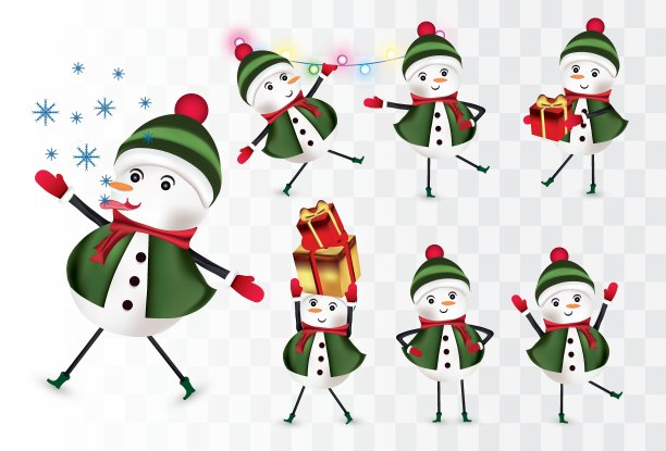 收藏快乐的雪人。圣诞节的字符。雪人和礼物。戴着帽子、围巾和手套的雪人孤立在透明的背景上。图标集。矢量插图。图片下载