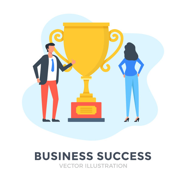商业上的成功。平面设计。奖杯，奖励，财务成就，奖励，第一名，最佳员工理念。商人和金杯。矢量图图片下载