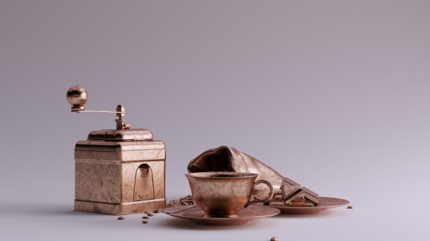 青铜咖啡研磨机与一袋豆和一个咖啡杯和一些巧克力碟图片下载