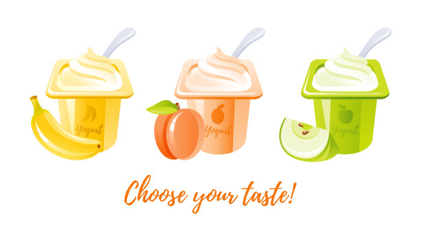 酸奶食品图标。牛奶、酸奶和水果。奶油甜点集，矢量插图。用塑料杯包装的香蕉、桃子、苹果味的甜酸奶。孤立的白色背景。卡通牛奶图标图片下载