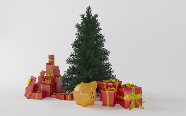 松树与礼品和光泽的橙色猪图案。图片下载