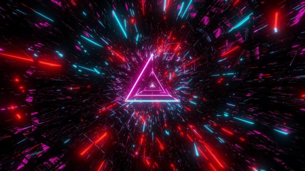 高度抽象的破坏发光的3d插图与发光的三角形线框背景墙纸图片下载