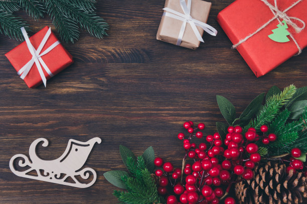 上面的高角度特写俯视图照片漂亮的圣诞节装饰躺在木制的黑色桌子书桌图片下载