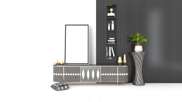 半白半黑的背景上的豪华橱柜上的空白框架模型。三维渲染图片下载