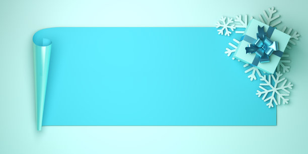 新年横幅或冬季贺卡设计创意概念，礼盒，雪花图标，金色白色卷纸上闪闪发光的五彩纸屑在蓝色背景。复制空间文本区。图片下载