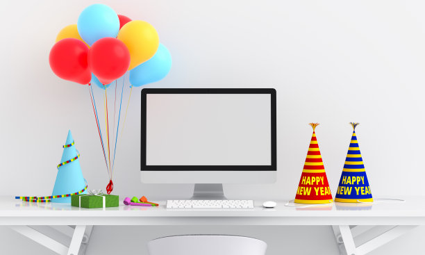 电脑模型展示在桌上，新年快乐图片下载