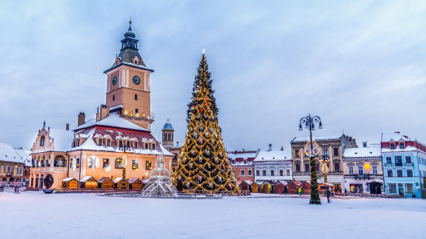 布拉索夫-罗马尼亚，议会广场圣诞树。图片下载
