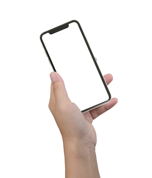 女性手握白色手机与白色屏幕在孤立的背景。图片下载