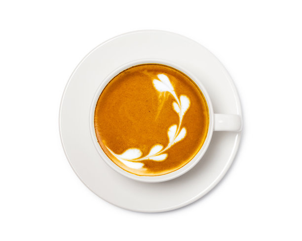 咖啡杯与花标志，顶视图孤立在白色背景，与剪切路径。图片下载