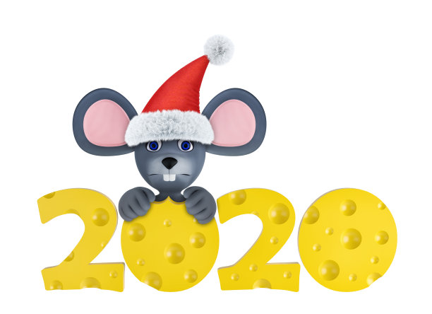 2020年新年贺卡可爱的老鼠和奶酪孤立在白色。动物野生动物假日卡通人物。3 d渲染。图片下载