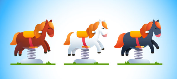 在弹簧上骑摇摆木马。幼儿园或托儿所儿童夏季户外娱乐活动。可爱的玩具小马套装。平面向量插图图片下载